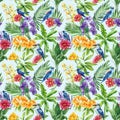 Seamless pattern Flowers, palm leaves and birds. Watercolor Tropical floral background. Wallpaper design, exotic plant Royalty Free Stock Photo