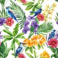 Seamless pattern Flowers, palm leaves and birds. Watercolor Tropical floral background. Wallpaper design, exotic plant Royalty Free Stock Photo