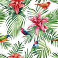 Seamless pattern Flowers, palm leaves and birds. Watercolor Tropical floral background. Wallpaper design, exotic plant Royalty Free Stock Photo