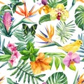 Seamless pattern Flowers, palm leaves, butterfly, bird. Watercolor Tropical floral background. Wallpaper, exotic plant Royalty Free Stock Photo