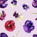 Seamless pattern flowers pansies watercolor