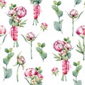 Seamless pattern with flowers peonies, roses, eucalyptus leaves, dew drops. Handmade watercolor illustration. Design for wedding Royalty Free Stock Photo
