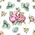 Seamless pattern with flowers peonies, roses, eucalyptus leaves, dew drops. Handmade watercolor illustration. Design for wedding Royalty Free Stock Photo