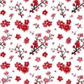 Seamless pattern with flowers of plum mei on white background. Chinese ink painting.