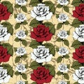 Seamless pattern of flowers roses. Red and white roses Woven, ornate. Yellow background with flowery patterns. Twisted buds, leave Royalty Free Stock Photo