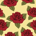 Seamless pattern of flowers roses, texture. Red buds, petals, green leaves on a yellow background. Wallpaper, paper, wrapper, pack