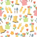 Seamless pattern with flowers, rubber boots, tools. Gardening.