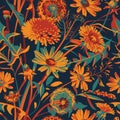 Seamless pattern with flowers - Taraxacum, Chamomilla and grass isolated on the dack blue background. Royalty Free Stock Photo