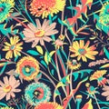 Seamless pattern with flowers - Taraxacum, Chamomilla and grass isolated on the dack blue background. Royalty Free Stock Photo