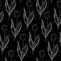 Seamless pattern flowers tulips white on black background vector illustration Royalty Free Stock Photo