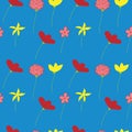 Seamless pattern flowers, vector illustration, red, yellow, pink and green colors, blue background Royalty Free Stock Photo