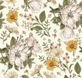 Seamless pattern flowers Vintage background Rosehip chamomile croton wildflowers Wallpaper Drawing engraving Vector Illustration Royalty Free Stock Photo