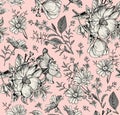 Seamless pattern flowers Vintage background chamomile rosehip dogrose wildflowers Wallpaper Drawing engraving Vector Illustration Royalty Free Stock Photo