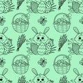 Seamless pattern with flowers, butterflies, eggs.