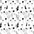 Seamless pattern. Fluffy dandelions dandelion seeds and leaves on a white background. Contrast endless illustration.