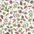 Seamless pattern with fly agaric, hazelnut, acorn, strawberry, mountain ash, raspberry, pine cone, butterfly and plants