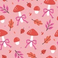 Seamless pattern with fly agarics, bows, and leaves. Vector graphics. Royalty Free Stock Photo