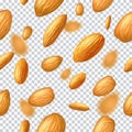 Seamless pattern with flying almonds on transparent background. Realistic illustration. Template for print and packa
