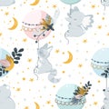 Seamless pattern with flying animals on the background of stars - vector illustration, eps