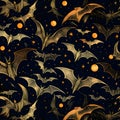 Seamless pattern with flying bats and moon. Halloween background Royalty Free Stock Photo