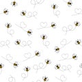 Seamless pattern with flying bees. Cartoon doodle cute bees with dotted lines