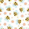 Seamless pattern with flying bees and flowers on white background Illustration for background, print, and textile Royalty Free Stock Photo