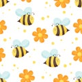 Seamless pattern with flying bees and flowers on white background. Illustration for background, print, and textile Royalty Free Stock Photo