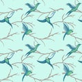 Seamless pattern of flying birds on branches of trees in watercolor style