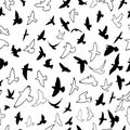 Seamless pattern flying birds. Lots of doves. Vector illustration