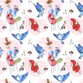 Seamless pattern. Flying blue birds, peonies, poppy, wildflowers, hedgehogs berries, cornflower with leaves on a light