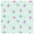 Seamless Pattern with Flying Butterflies and Pansy Flowers in Watercolor Style. Beauty in Nature. Background for Fabric, Textile Royalty Free Stock Photo