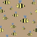 Seamless pattern with flying cartoon bees on brown background. Insects. Honey, summer, packaging, stationery, wallpaper, kids desi