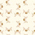 Seamless pattern of flying cheerful elves with fruits busket