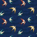 Seamless pattern with flying colorful swallows Royalty Free Stock Photo