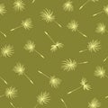 Seamless pattern with flying dandelion seeds. Floral texture. Spring dandelions on green background. Vector illustration of Royalty Free Stock Photo