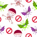 Seamless pattern of flying green, red, violet monster corona virus icon. Vector illustration. Cartoon virus on white background Royalty Free Stock Photo