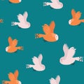 Seamless pattern with flying owls on a blue background