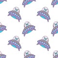 Seamless pattern with flying saucer and UFO alien. Doodle. A space flight. Cosmonautics Day. Hand-drawn. Vector illustration for