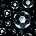 Seamless pattern with flying soccer balls and stars isolated on black background. Hand drawn watercolor illustration for Royalty Free Stock Photo