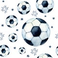 Seamless pattern with flying soccer balls and stars isolated on white background. Hand drawn watercolor illustration for Royalty Free Stock Photo