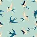 Seamless pattern with flying swallows on a blue background. Vector graphics Royalty Free Stock Photo
