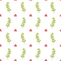 Seamless pattern with foliage and berries. Abstract background with small scattered drawn berries and leaves. Royalty Free Stock Photo