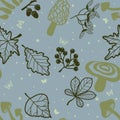 Seamless pattern with foliage, berry, mushroom. background