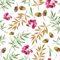 Seamless pattern with foliage, golden leaves, berries and acorns.