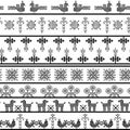 Seamless pattern folk embroidery, black on white background. Collection of flowers, birds, peacocks, horse, symbols earth, sun