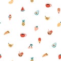 Seamless pattern with food - fruits, pizza, ice-cream, coffee. Repeat design with trendy summer icons. Royalty Free Stock Photo