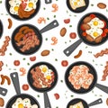 Seamless pattern. Food in a skillet. Fried food, breakfast on pan. Set of different morning food. Icons for menu logos and labels