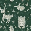 Seamless pattern with forest animals. Cute characters bunny and teddy bear, hedgehog, deer.