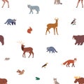 Seamless pattern, forest animals. Endless background, repeating print with bear, elk, deer, wolf and lynx. Fauna species