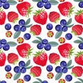 Seamless pattern with forest berries isolated on white background. Blueberries, strawberries, raspberries. Vector illustration in